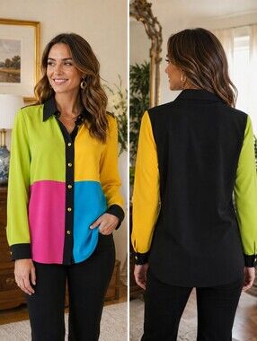 Vintage Brenda Goode Color Block Blouse Sz S Neon 80s 90s Art to Wear USA Artsy